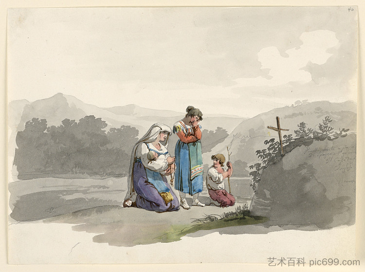 带着婴儿的女人在十字架前祈祷,标记她丈夫被杀的地方 Woman with a Baby Praying Before the Cross Marking the Place Where Her Husband was Killed (1808),巴尔托洛梅奥·皮内利