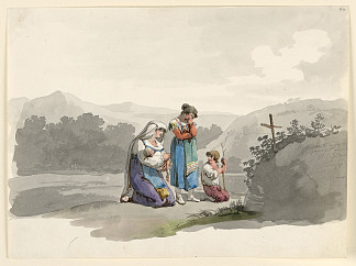 带着婴儿的女人在十字架前祈祷，标记她丈夫被杀的地方 Woman with a Baby Praying Before the Cross Marking the Place Where Her Husband was Killed (1808)，巴尔托洛梅奥·皮内利