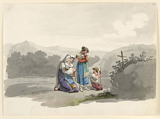 带着婴儿的女人在十字架前祈祷，标记她丈夫被杀的地方 Woman with a Baby Praying Before the Cross Marking the Place Where Her Husband was Killed (1808)，巴尔托洛梅奥·皮内利