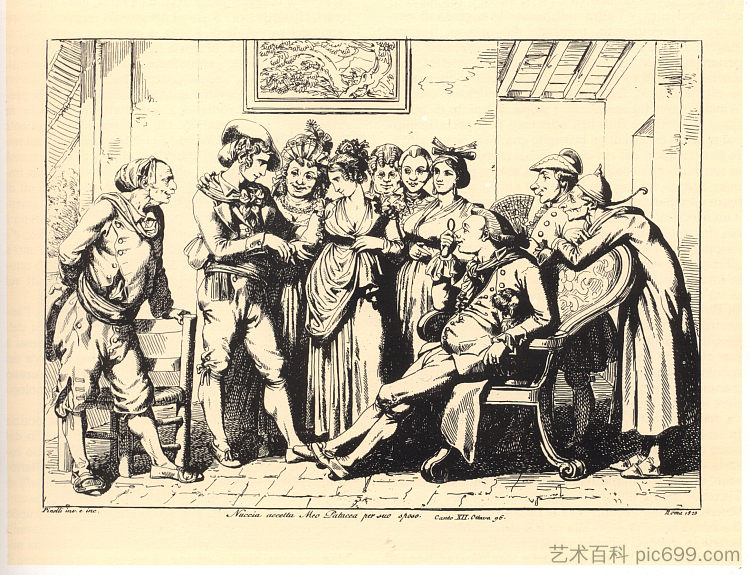 努西亚接受梅奥·帕塔卡为她的丈夫(图版 52/52) Nuccia accepts Meo Patacca for her husband (Plate 52/52) (1823; Rome,Italy ),巴尔托洛梅奥·皮内利