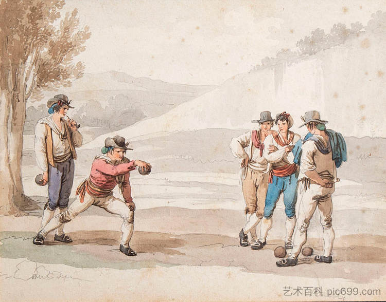 罗马人玩保龄球游戏 Romans playing the game of bowls (1808; Rome,Italy  )，巴尔托洛梅奥·皮内利