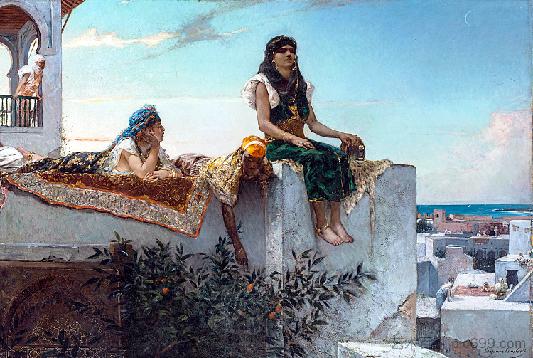 摩洛哥的露台 A Terrace in Morocco (c.1880)，本杰明·康斯坦斯