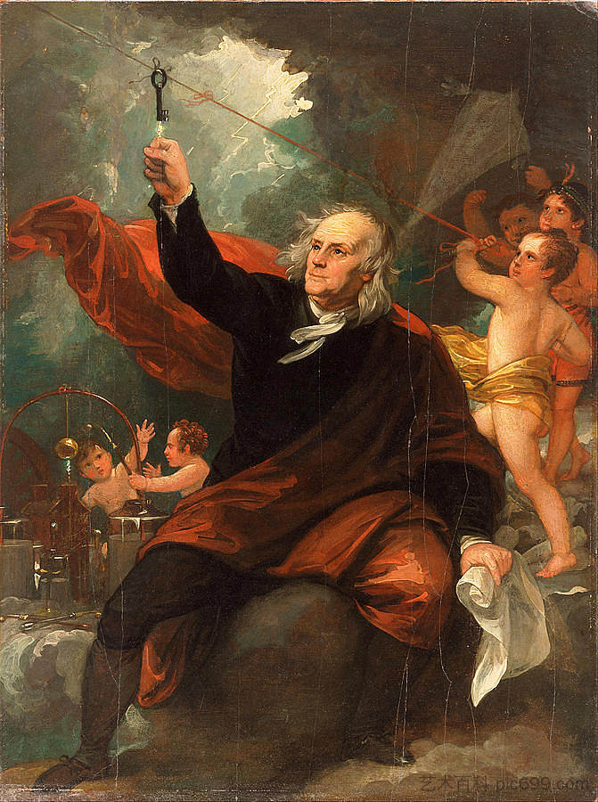 本杰明富兰克林从天空中汲取电力 Benjamin Franklin Drawing Electricity from the Sky (c.1816)，本杰明·韦斯特