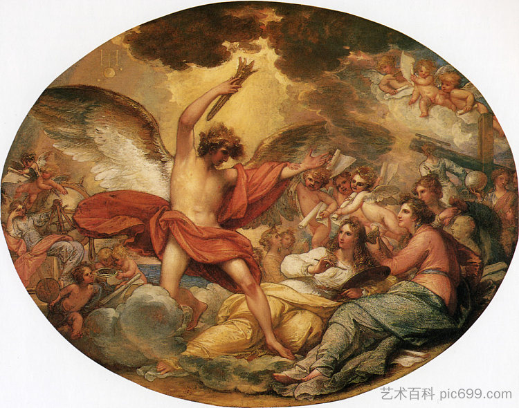 天才召唤美术来装饰制造业和商业 Genius Calling Forth the Fine Arts to Adorn Manufactures and Commerce,本杰明·韦斯特
