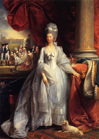 英国夏洛特女王的肖像，背景是温莎和王室 Portrait of Queen Charlotte of the United Kingdom, with Windsor and the royal family in the background (1779)，本杰明·韦斯特