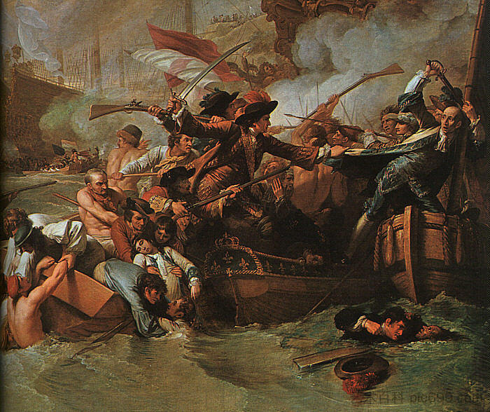 拉霍格海战，法国舰队的毁灭，1692 年 5 月 22 日（局部） The Battle of La Hogue, Destruction of the French fleet, May 22, 1692 (detail)，本杰明·韦斯特