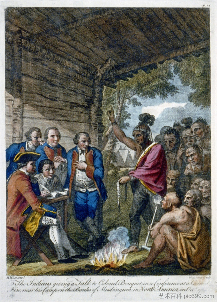 1764 年 10 月,印第安人在布凯上校位于北美马斯金格姆河畔的营地附近的议会大火旁向他演讲 The Indians giving a talk to Colonel Bouquet in a conference at a council fire, near his camp on the banks of Muskingum in North America in Oct. 1764,本杰明·韦斯特