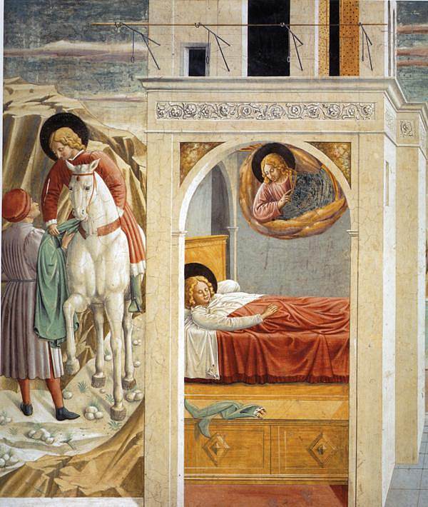 圣弗朗西斯赠送他的衣服，教会激进和胜利的愿景（细节） St. Francis Giving Away His Clothes, Vision of the Church Militant and Triumphant (detail) (1452)，贝诺佐·哥佐利