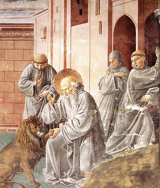 圣杰罗姆从狮子爪子上拔刺 St. Jerome Pulling a Thorn from a Lion’s Paw (1452)，贝诺佐·哥佐利