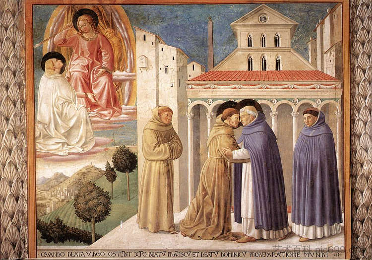 圣多米尼克的愿景以及圣弗朗西斯和圣多米尼克的会议 Vision of St. Dominic and Meeting of St. Francis and St. Dominic (1452)，贝诺佐·哥佐利