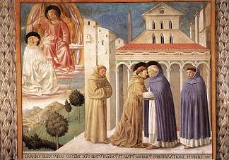 圣多米尼克的愿景以及圣弗朗西斯和圣多米尼克的会议 Vision of St. Dominic and Meeting of St. Francis and St. Dominic (1452)，贝诺佐·哥佐利