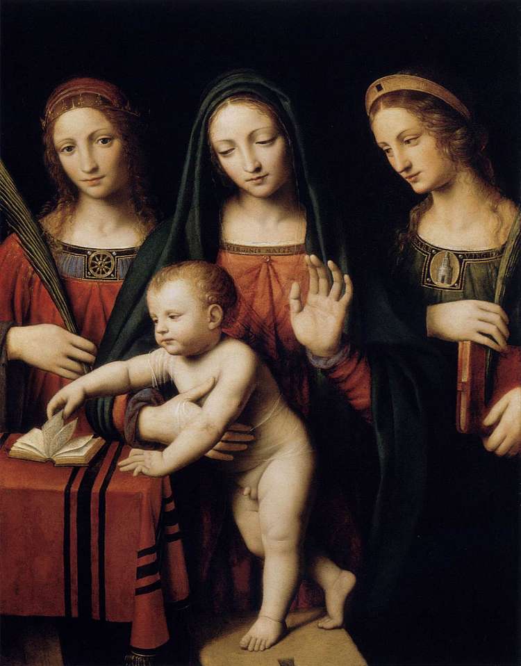 麦当娜和孩子与圣凯瑟琳和芭芭拉 Madonna and Child with Sts Catherine and Barbara (c.1522 - c.1525)，贝纳迪诺·卢伊尼