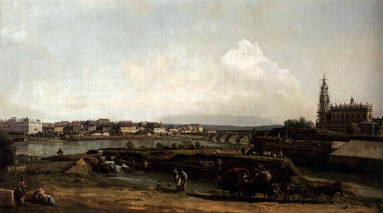 易北河左岸的德累斯顿，防御工事下方 Dresden from the Left Bank of the Elbe, Below the Fortification (1748)，贝尔纳多·贝洛托