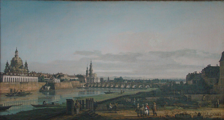 从易北河右岸的奥古斯都桥下方看到的德累斯顿 Dresden seen from right bank of the Elbe, below the Augustus Bridge (c.1750)，贝尔纳多·贝洛托