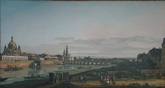 从易北河右岸的奥古斯都桥下方看到的德累斯顿 Dresden seen from right bank of the Elbe, below the Augustus Bridge (c.1750)，贝尔纳多·贝洛托