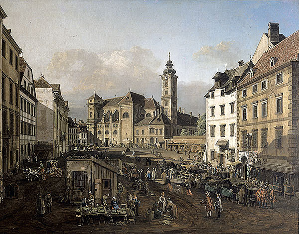 弗赖永在维也纳，从东南方向看 Freyung in Vienna, View from the southeast (1758)，贝尔纳多·贝洛托