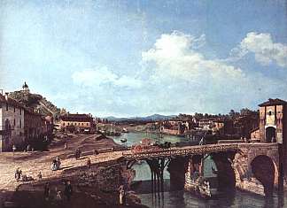 都灵波河上的一座老桥的景色 View of an Old Bridge Over the River Po, Turin (1745)，贝尔纳多·贝洛托