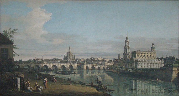 从易北河右岸与奥古斯都桥眺望德累斯顿 View of Dresden from the Right Bank of the Elbe with Augustus Bridge (c.1750)，贝尔纳多·贝洛托