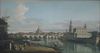 从易北河右岸与奥古斯都桥眺望德累斯顿 View of Dresden from the Right Bank of the Elbe with Augustus Bridge (c.1750)，贝尔纳多·贝洛托