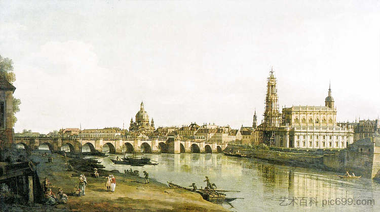 从易北河右岸与奥古斯都桥眺望德累斯顿 View of Dresden from the Right Bank of the Elbe with the Augustus Bridge (1748)，贝尔纳多·贝洛托