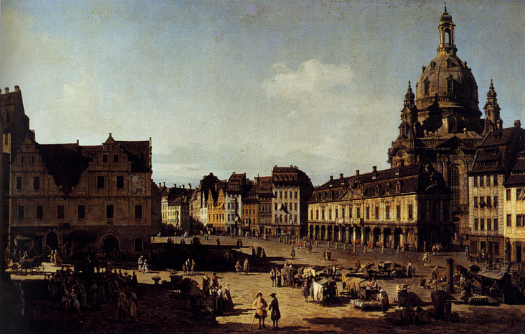 从莫里茨大街眺望德累斯顿新市场 View of the New Market Place in Dresden from the Moritzstrasse (1751)，贝尔纳多·贝洛托