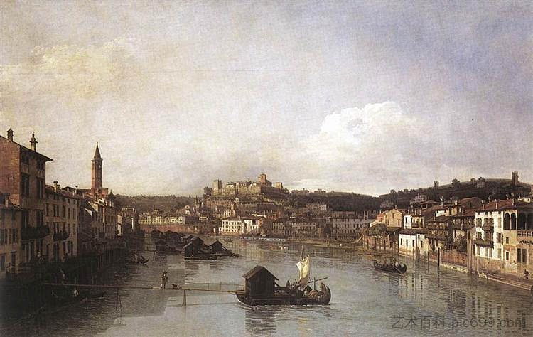 从新桥看维罗纳和阿迪杰河 View of Verona and the River Adige from the Ponte Nuovo (1747)，贝尔纳多·贝洛托