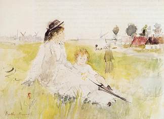 草地上的女孩和孩子 Girl and Child on the Grass (1875)，贝尔特·摩里索特