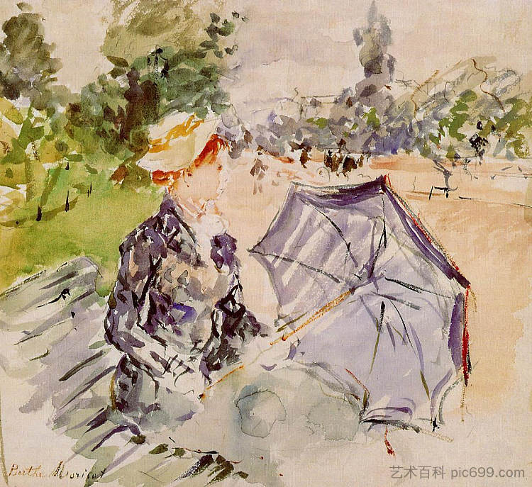 坐在公园里的阳伞女士 Lady with a Parasol Sitting in a Park (1885)，贝尔特·摩里索特