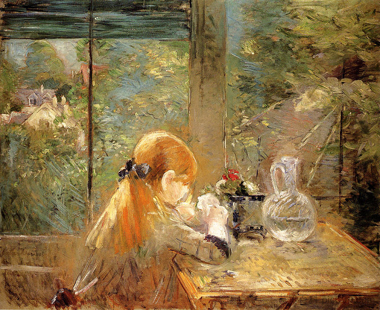 坐在阳台上的红发女孩 Red haired girl sitting on a veranda (1884)，贝尔特·摩里索特