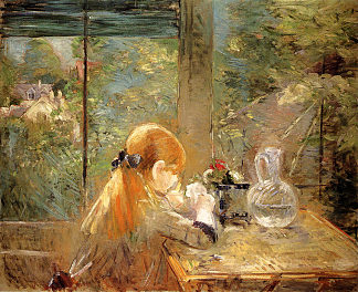 坐在阳台上的红发女孩 Red haired girl sitting on a veranda (1884)，贝尔特·摩里索特