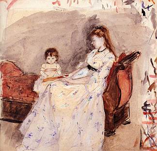 艺术家的妹妹埃德玛和她的女儿珍妮 The Artist’s Sister Edma with Her Daughter Jeanne (1872)，贝尔特·摩里索特