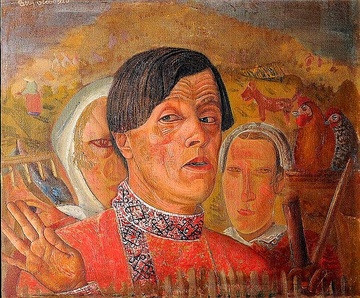 鸡和公鸡的自画像 Self-Portrait with a Chicken and a Rooster (1924),鲍里斯·格里戈里耶夫