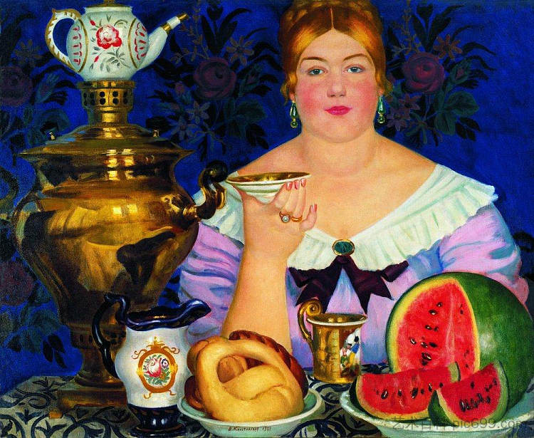 梅卡恩特的妻子喝茶 Mercahnt's Wife Drinking Tea (1923),鲍里斯·克斯托依列夫