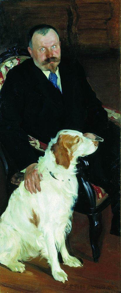 S.Y.柳比莫夫博士与狗的肖像 Portrait of Dr. S. Y. Lyubimov with dog (1905)，鲍里斯·克斯托依列夫