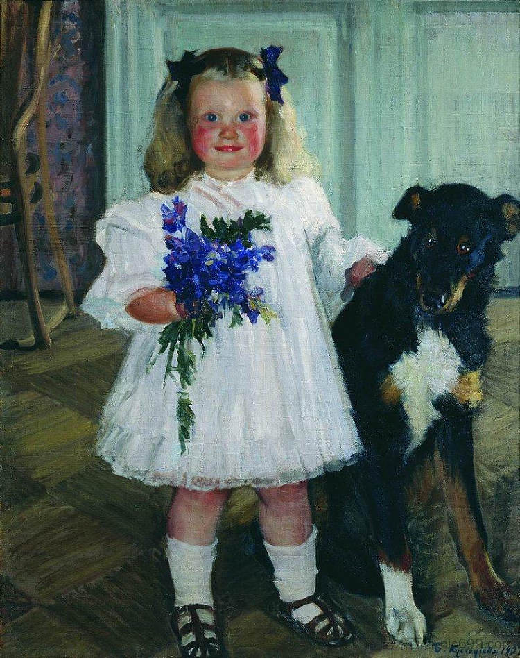 伊琳娜·库斯托季耶夫与狗舒姆卡的肖像 Portrait of Irina Kustodiev with the dog Shumka (1907)，鲍里斯·克斯托依列夫