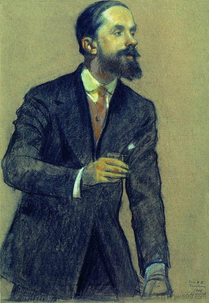 伊万·比利宾的肖像 Portrait of Ivan Bilibin (1914),鲍里斯·克斯托依列夫