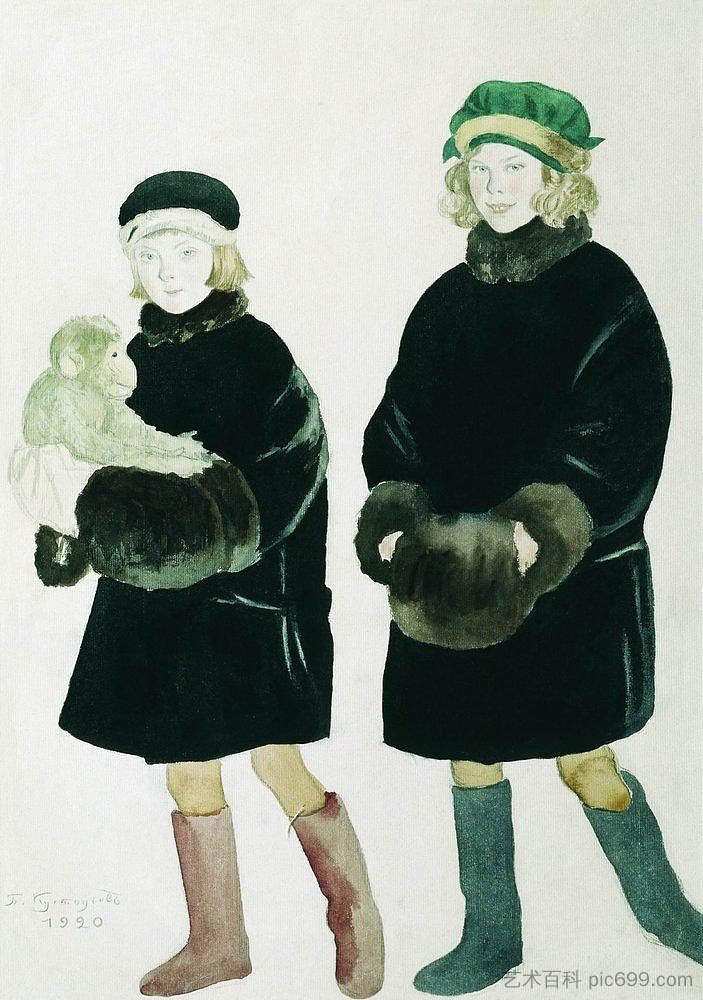 玛莎和玛丽娜·夏里亚平的肖像 Portrait of Martha and Marina Chaliapin (1920),鲍里斯·克斯托依列夫