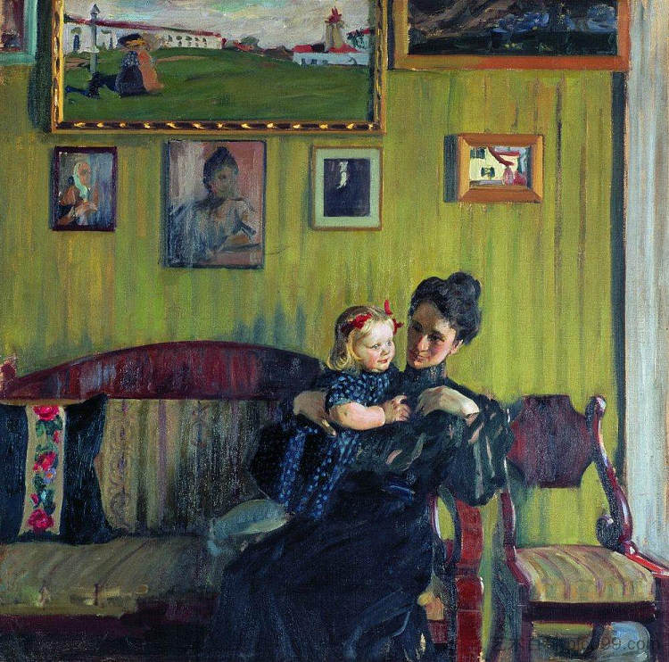 Y.E.库斯托迪耶娃与女儿伊琳娜的肖像 Portrait of Y.E. Kustodieva with daughter Irina (1908),鲍里斯·克斯托依列夫