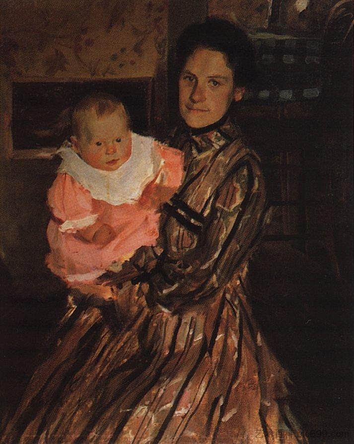 Y.E.库斯托迪耶娃与儿子的肖像 Portrait of Y.E. Kustodieva with son (1904),鲍里斯·克斯托依列夫