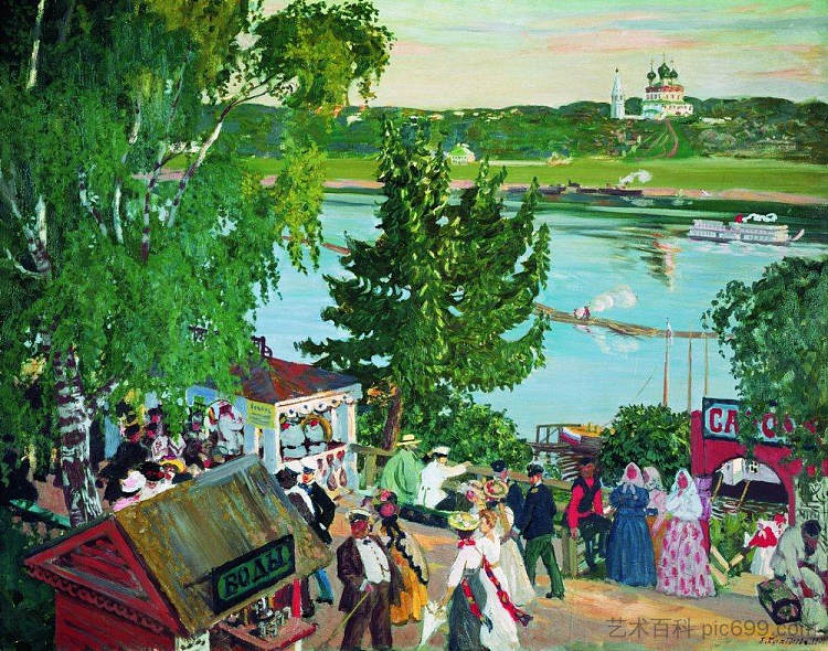 伏尔加河沿岸的长廊 Promenade Along the Volga (1909)，鲍里斯·克斯托依列夫