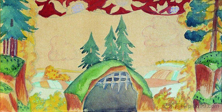 木偶戏“公鸡-金扇贝”的装饰草图 Sketch of decorations for puppet show "The Rooster - Gold Scallop" (1927),鲍里斯·克斯托依列夫