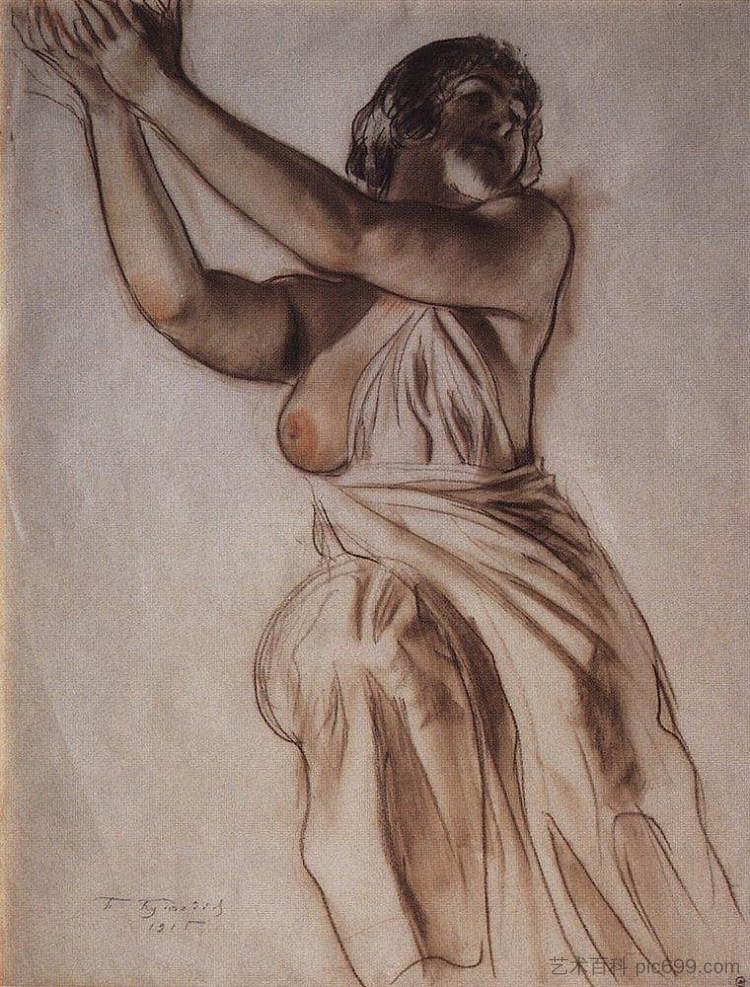 举起双臂站立的女人 Woman standing with arms raised (1915),鲍里斯·克斯托依列夫