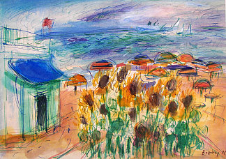 有向日葵和遮阳伞的海滩 Beach with Sunflowers and Umbrellas (1979)，玛丽亚·博佐基