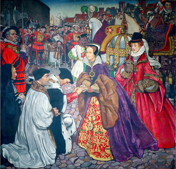 1553年玛丽一世女王与伊丽莎白公主进入伦敦 Entry of Queen Mary I with Princess Elizabeth into London in 1553 (1910)，拜厄姆·肖