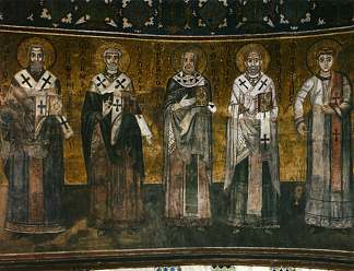 教父团（左部分） Church Fathers Order (left Part) (c.1030)，拜占庭马赛克