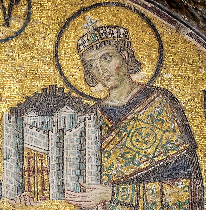 君士坦丁一世皇帝向圣母玛利亚赠送城市模型 Emperor Constantine I, Presenting a Model of the City to the Blessed Virgin Mary (c.1000),拜占庭马赛克