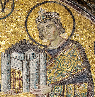 君士坦丁一世皇帝向圣母玛利亚赠送城市模型 Emperor Constantine I, Presenting a Model of the City to the Blessed Virgin Mary (c.1000)，拜占庭马赛克