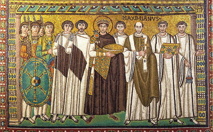 尤斯蒂尼亚努斯皇帝和他的套房 Emperor Iustinianus and His Suite (c.547),拜占庭马赛克
