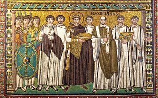 尤斯蒂尼亚努斯皇帝和他的套房 Emperor Iustinianus and His Suite (c.547)，拜占庭马赛克
