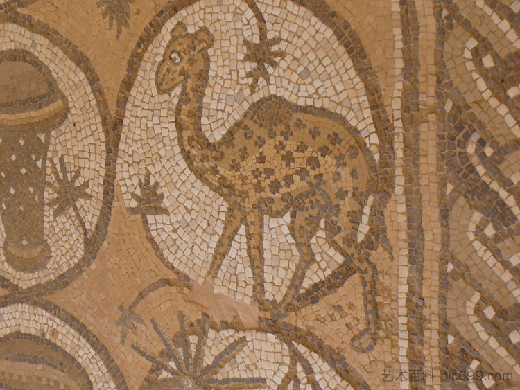 佩特拉教堂马赛克中的长颈鹿 Giraffe in the Church Mosaic at Petra (c.450 - c.550)，拜占庭马赛克